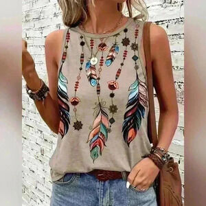 Unk Beige Feather Print Tank Top